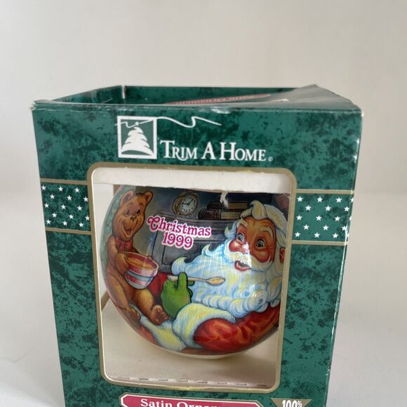 VTG 1999 TRIM A HOME SATIN ORNAMENT SANTA LITTLE TEDDY BEAR EATING PORAGE - Picture 1 of 14